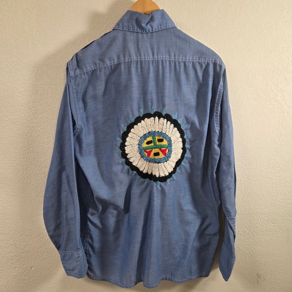 Vintage Bassi California Blue Embroidered Sun Kachina Western Shirt Mens M